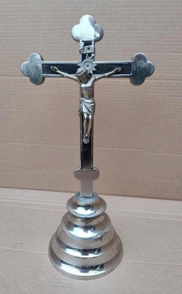 Groot Oud sacramenten kruisbeeld 30cm metaal met hout inleg, Antiek en Kunst, Antiek | Religie, Ophalen of Verzenden