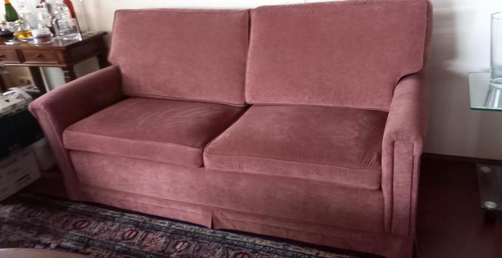 retro 3 zits bank, donker roze fluweel, mooie kwaliteit, Huis en Inrichting, Banken | Sofa's en Chaises Longues, Gebruikt, Driepersoons