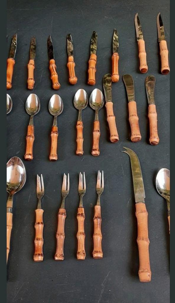 Vintage Bestekset met Bamboe Handvatten, Antiek en Kunst, Antiek | Bestek, Ophalen of Verzenden