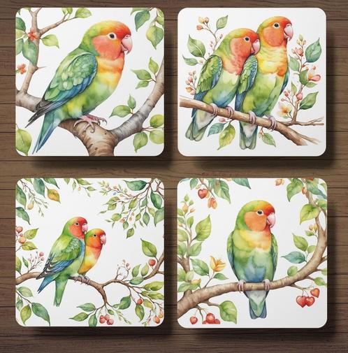 Dwergpapegaai/Agapornis onderzetters met houder, Huis en Inrichting, Woonaccessoires | Onderzetters, Zo goed als nieuw, Glas of Kopje