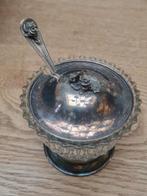 jampot/ suikerpot kristal met verzilverde voet deksel lepel., Ophalen of Verzenden