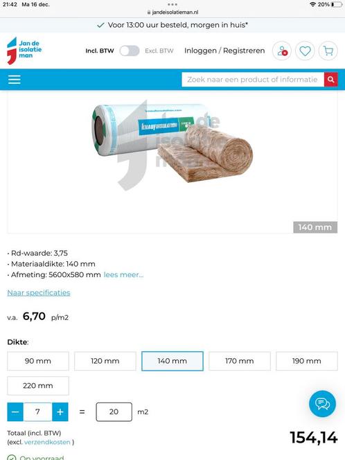 Knauf Insulation glaswol, Doe-het-zelf en Verbouw, Isolatie en Afdichting, Nieuw, Glaswol, 12 cm of meer, 15 m² of meer, Ophalen