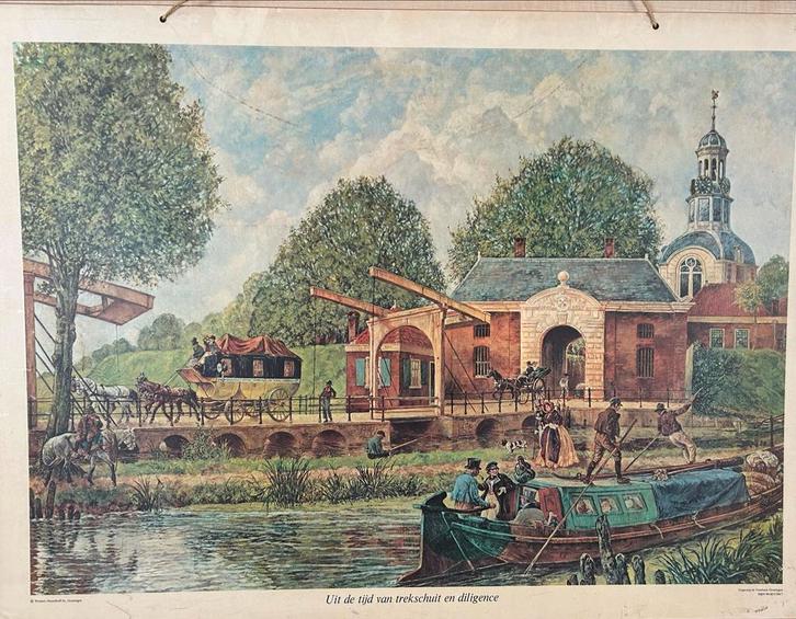 Wandplaat Trekschuit & Diligence, Antiek en Kunst, Kunst | Schilderijen | Klassiek, Ophalen of Verzenden