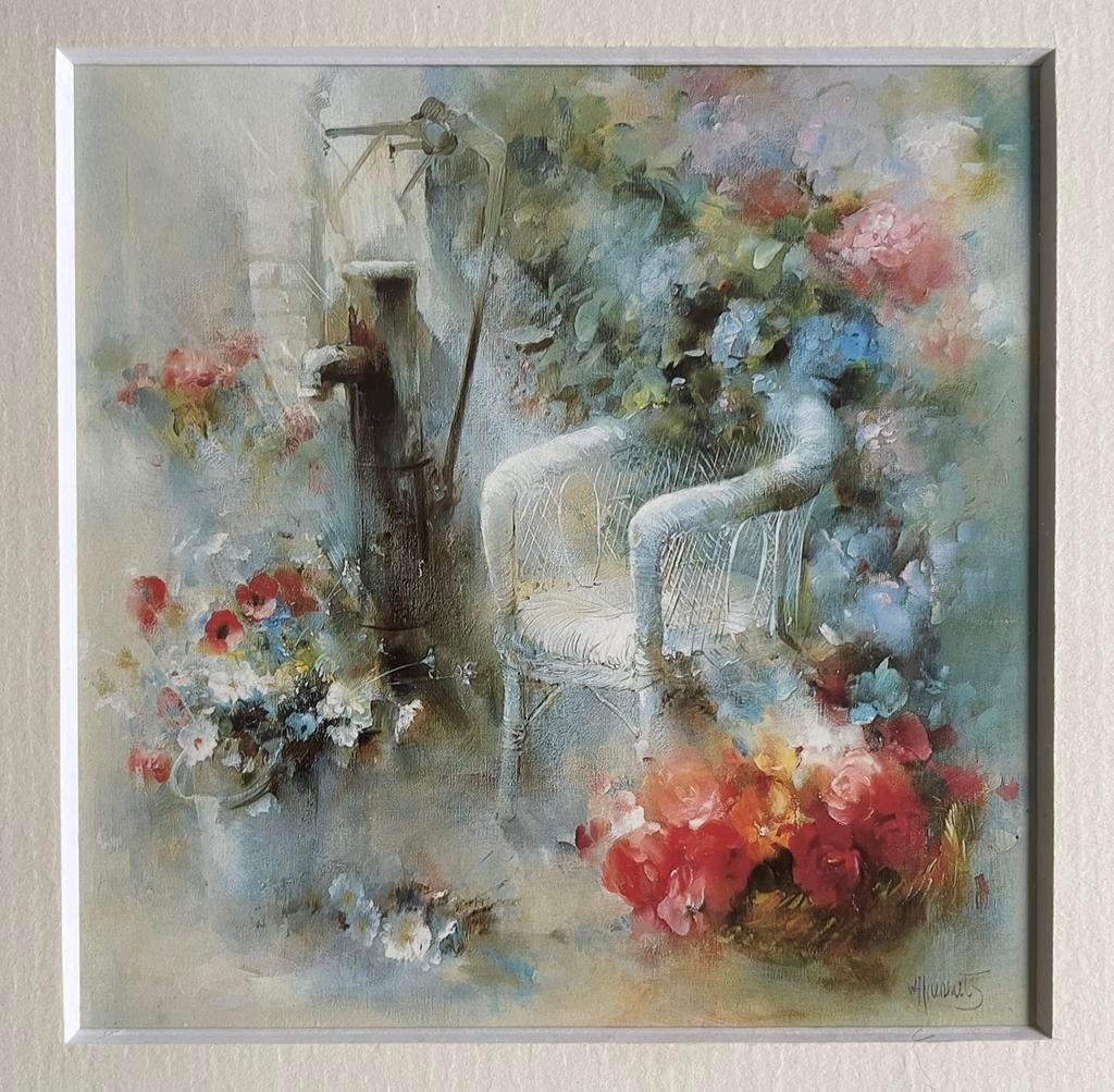 Willem Haenraets - Bloementafereel op een terras met stoel, Antiek en Kunst, Ophalen of Verzenden