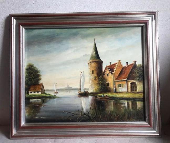 Olieverf Schilderij: Kasteel aan het Water, Antiek en Kunst, Kunst | Schilderijen | Klassiek, Ophalen