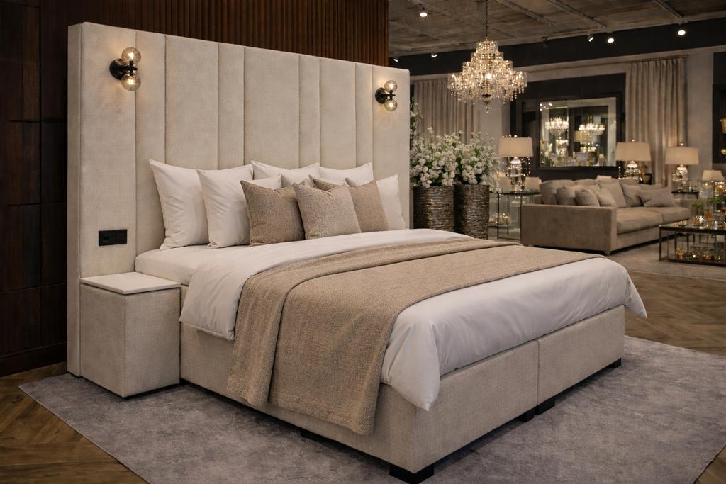 Luxe Japandi tweepersoonsbed - teddy boxspring 180x200 sale!, Ophalen, Beige, Tweepersoons, Zo goed als nieuw