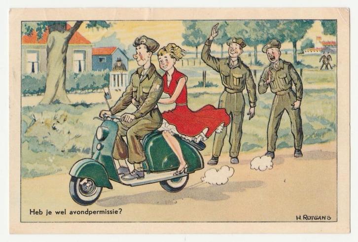 H. Rotgans.  Militair.  Scooters.  Ned. Illustratoren., Verzamelen, Ansichtkaarten | Themakaarten, Gelopen, 1940 tot 1960, Overige thema's