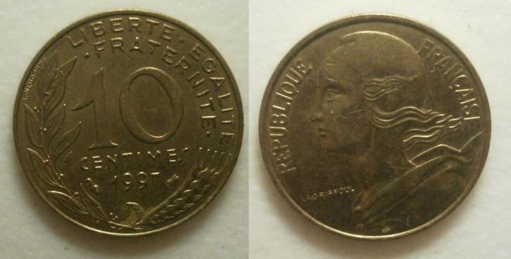 PD31301 Frankrijk 10 Centimes 1997, Postzegels en Munten, Munten | Europa | Niet-Euromunten, Losse munt, Frankrijk, Ophalen of Verzenden