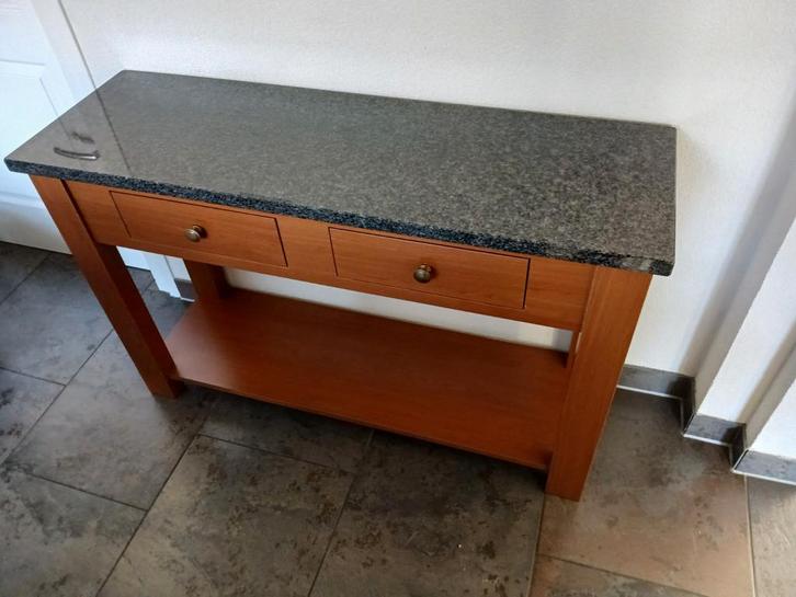 Sidetable met marmeren blad, hout en twee lades, Huis en Inrichting, Tafels | Sidetables, Zo goed als nieuw, 25 tot 50 cm, 100 tot 150 cm