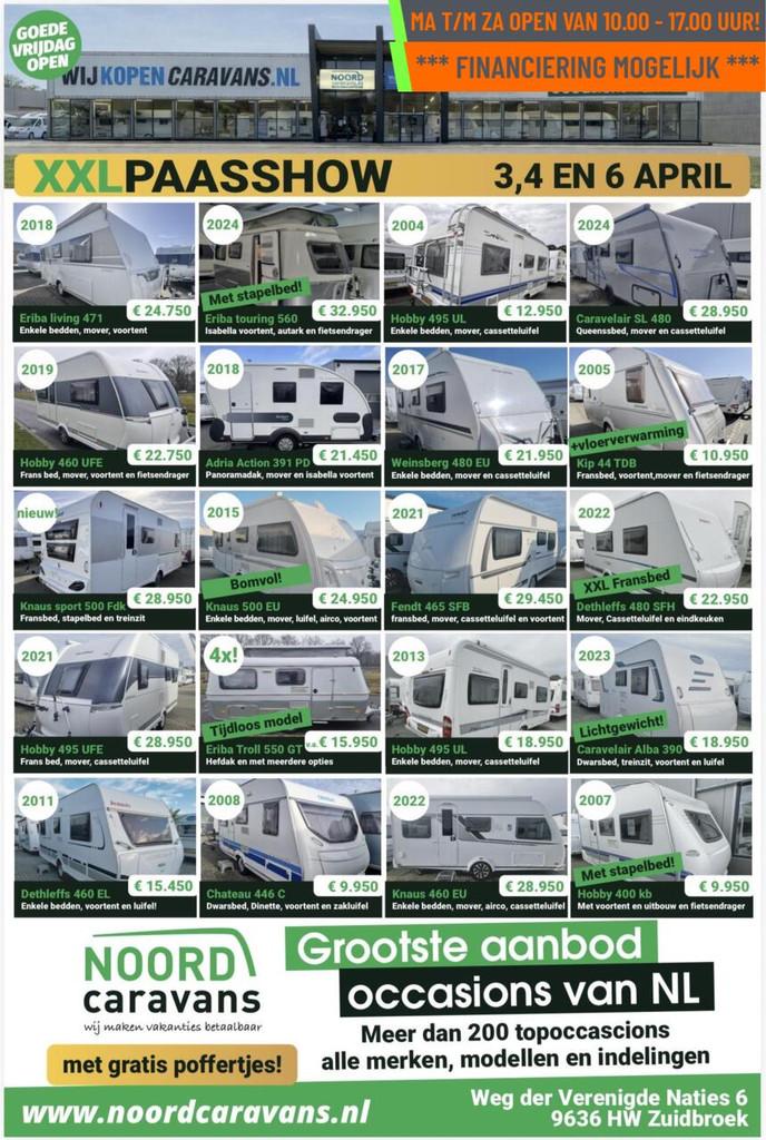 ERIBA - XXL PAASSHOW 3,4 EN 6 APRIL. 10-17 UUR, Caravans en Kamperen, Caravans, Mover, 7 tot 8 meter, Bedrijf, Eriba