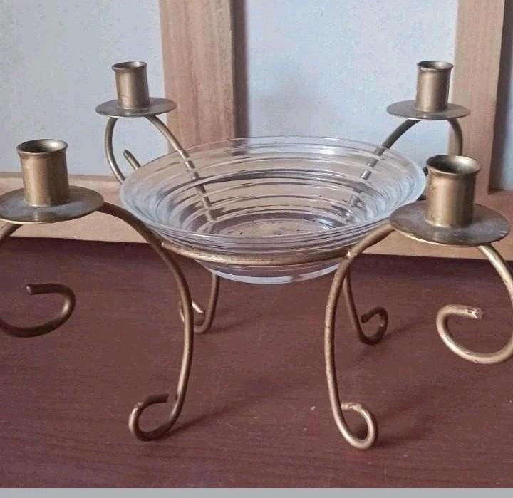 Vintage Kandelaar met Glazen Schaal - Koperkleurig, Ophalen of Verzenden