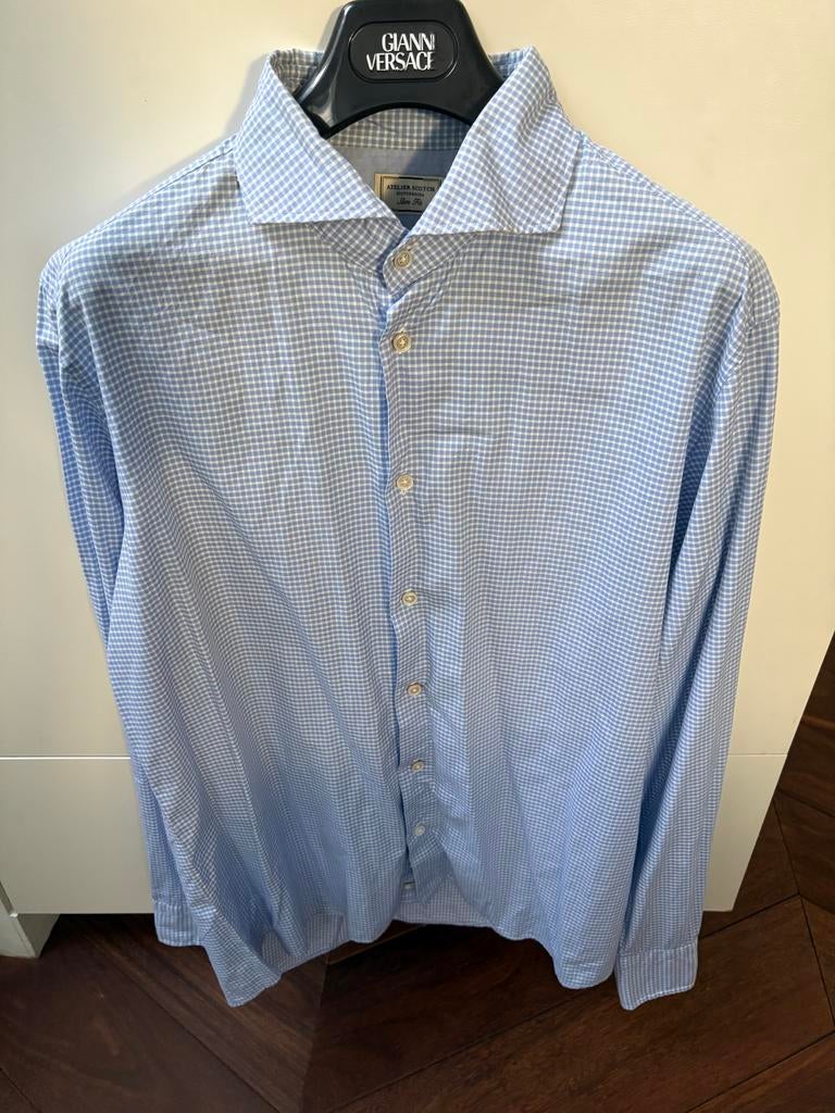 Atelier Scotch & Soda overhemd geruit blauw wit 43-17 / L, Ophalen of Verzenden, Zo goed als nieuw, Blauw, Halswijdte 43/44 (XL)