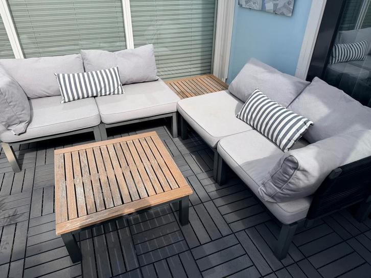 Le Sud loungeset met houten tafels, Tuin en Terras, Tuinsets en Loungesets, Gebruikt, Loungeset, Hout, 5 zitplaatsen, Bank, Ophalen