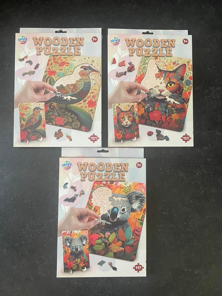 houten puzzel kat vogel koala wooden puzzle 3 st voor 12,50, Ophalen of Verzenden, Minder dan 500 stukjes, Zo goed als nieuw