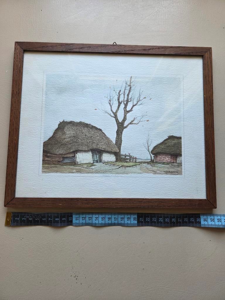 Ets/Aquarel Dirk Baksteen - Landelijk Tafereel, Ets, Ophalen of Verzenden, Landschap, 1900 - 1949