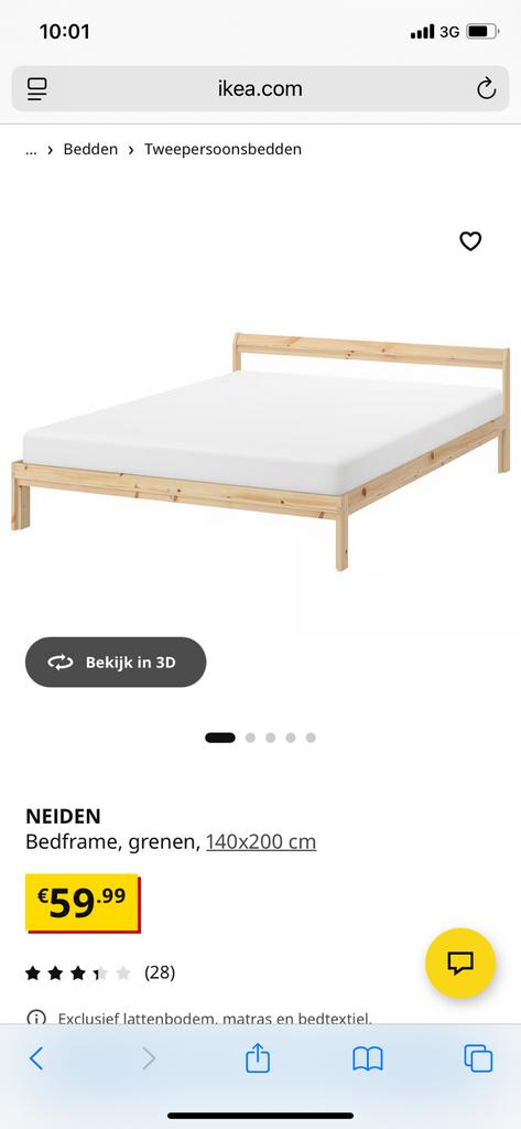 IKEA NEIDEN bed frame, lattenbodem + Abygda mattress 140x200, Ophalen, Tweepersoons, 140 cm, Zo goed als nieuw