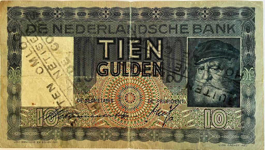 Tien gulden 1938 met buiten omloop stempel, Ophalen of Verzenden, 10 gulden, Los biljet