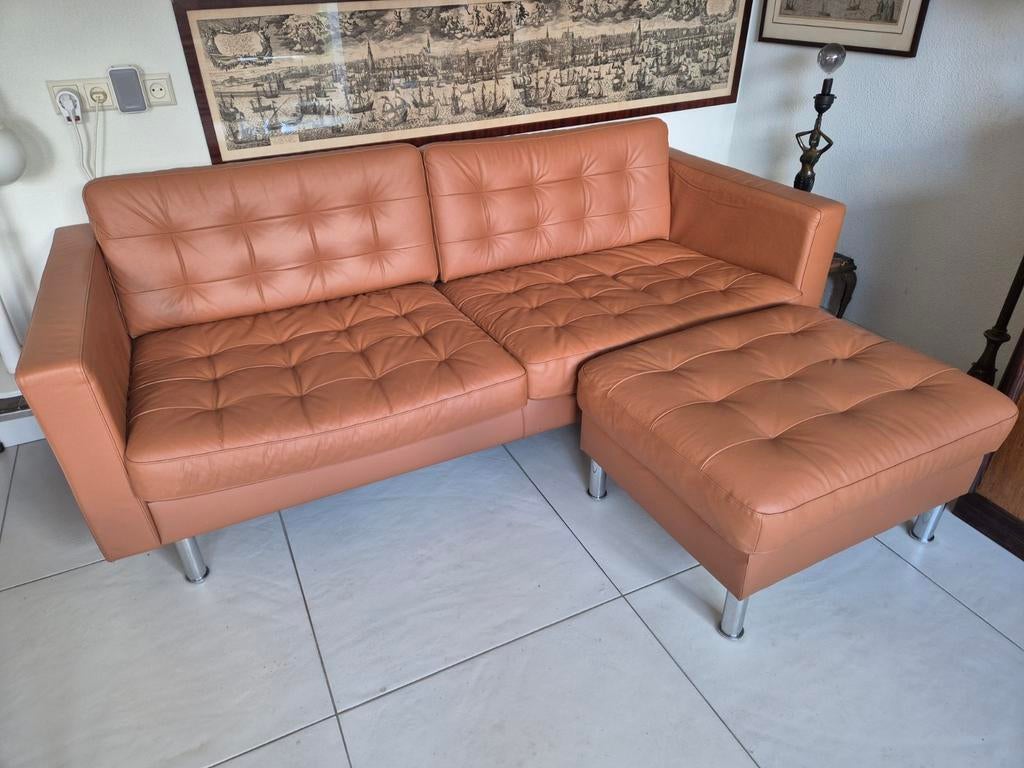 IKEA Landskrona 3-zits bank met hocker - Lichtbruin leer, Ophalen, Driepersoons, Zo goed als nieuw, Rechte bank