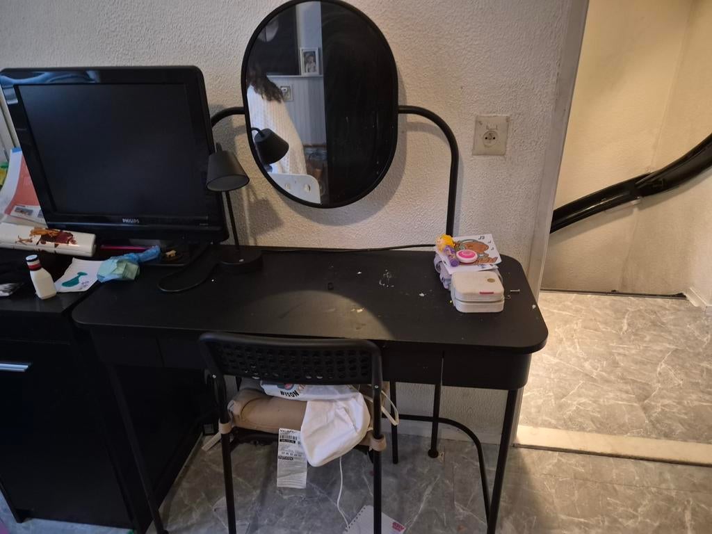 Zwart make-up tafel met spiegel en lade, Gebruikt, Minder dan 100 cm, Modern, Hout