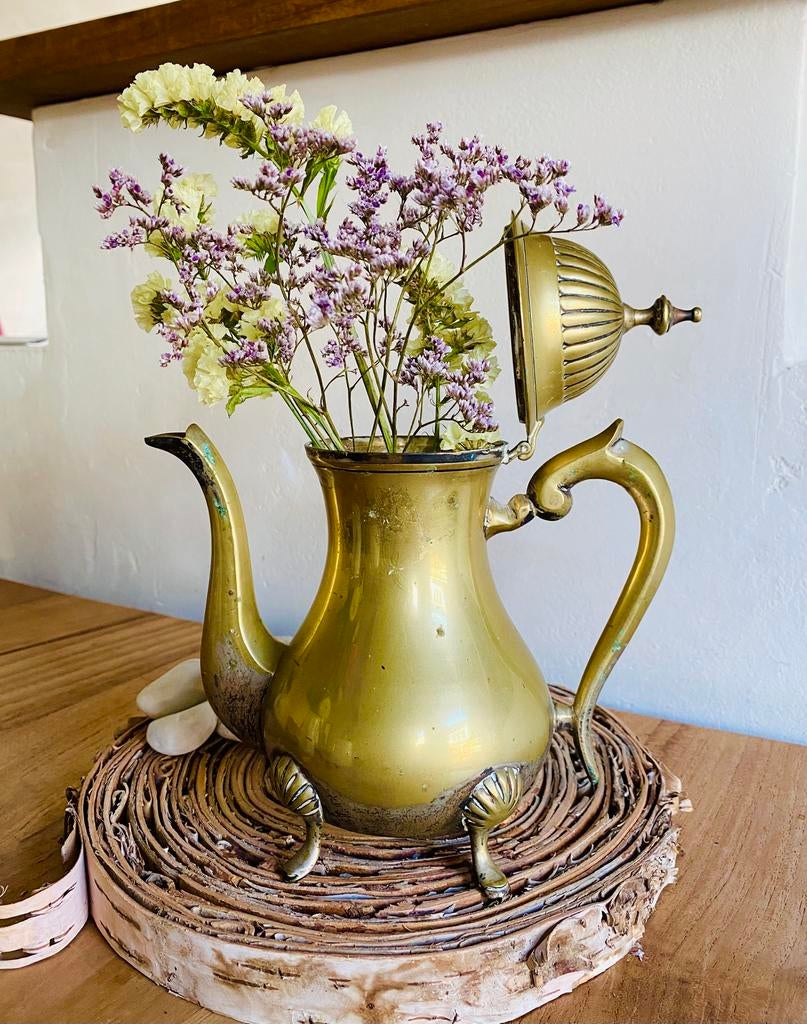 Superleuke vintage theepot, messing, vaas, bloempot, Ophalen of Verzenden, Overige kleuren, Overige materialen, Minder dan 50 cm