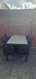 Glazen tuintafel met 4 kunstof rieten stoelen., Tuin en Terras, Ophalen, Gebruikt, Kunststof