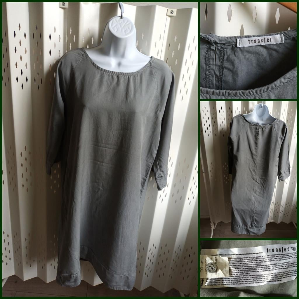 Transfer grijsgroene damesjurk driekwart mouwen M, Maat 38/40 (M), Ophalen of Verzenden, Knielengte, Grijs