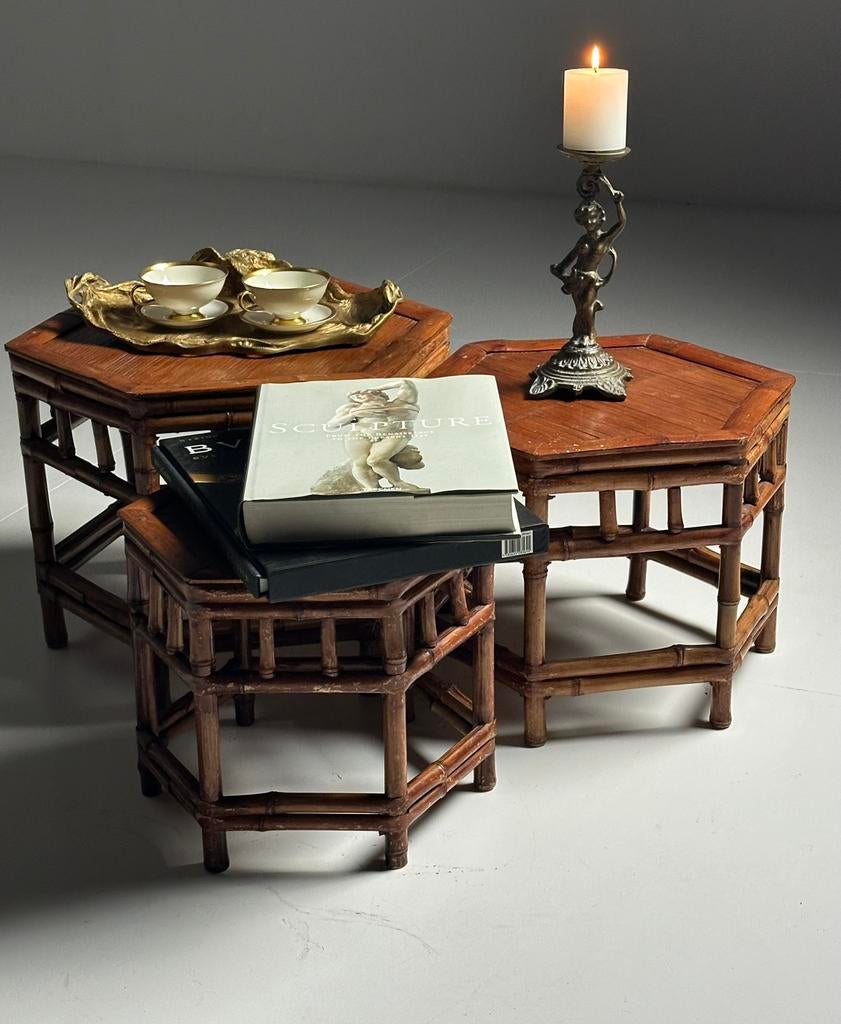 Vintage set van 3 bamboe nesttafels, Ophalen of Verzenden