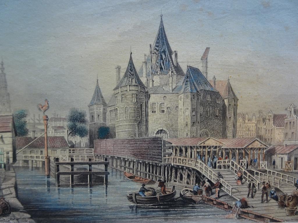 Staalgravure Antoniswaag Vismarkt Amsterdam, Poppel 1858, Antiek en Kunst, Kunst | Etsen en Gravures, 1800 - 1899, Verzenden, Stadsgezicht