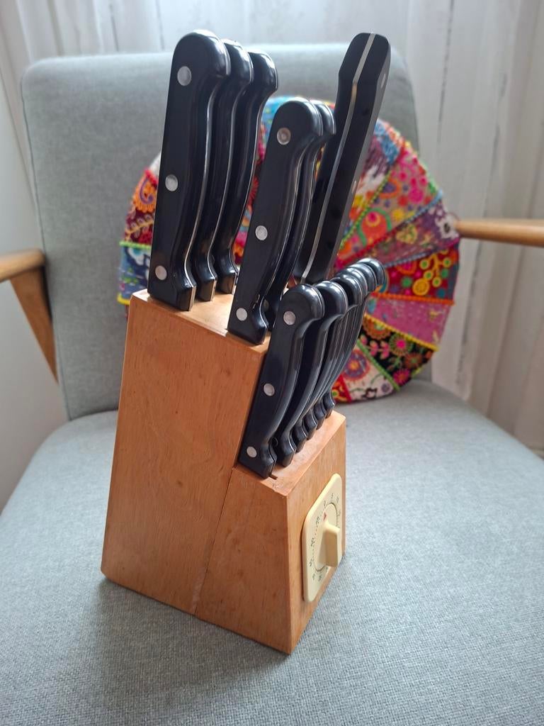 Messenset met blok en kookwekker - RVS sBs, Ophalen of Verzenden, Gebruikt, Rvs of Chroom, Bestekset