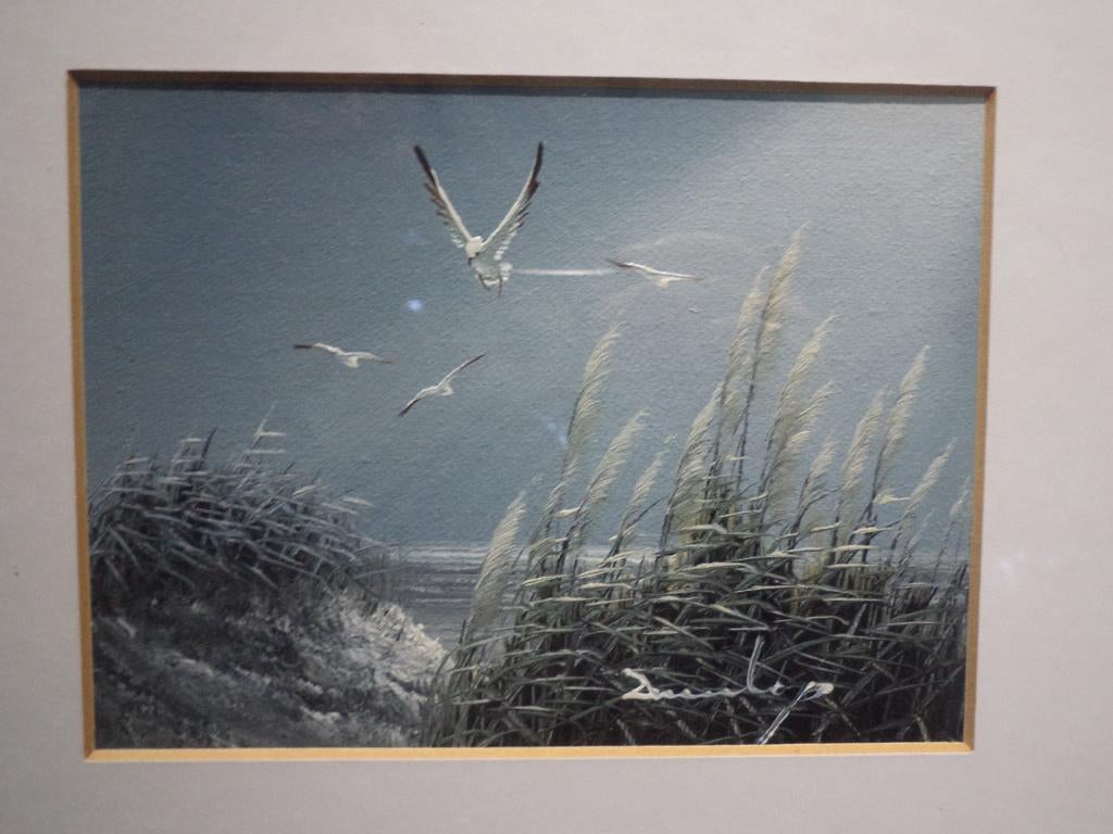 olieverf schilderijtje jaren '80 meeuwen zee duinen strand, Antiek en Kunst, Ophalen of Verzenden