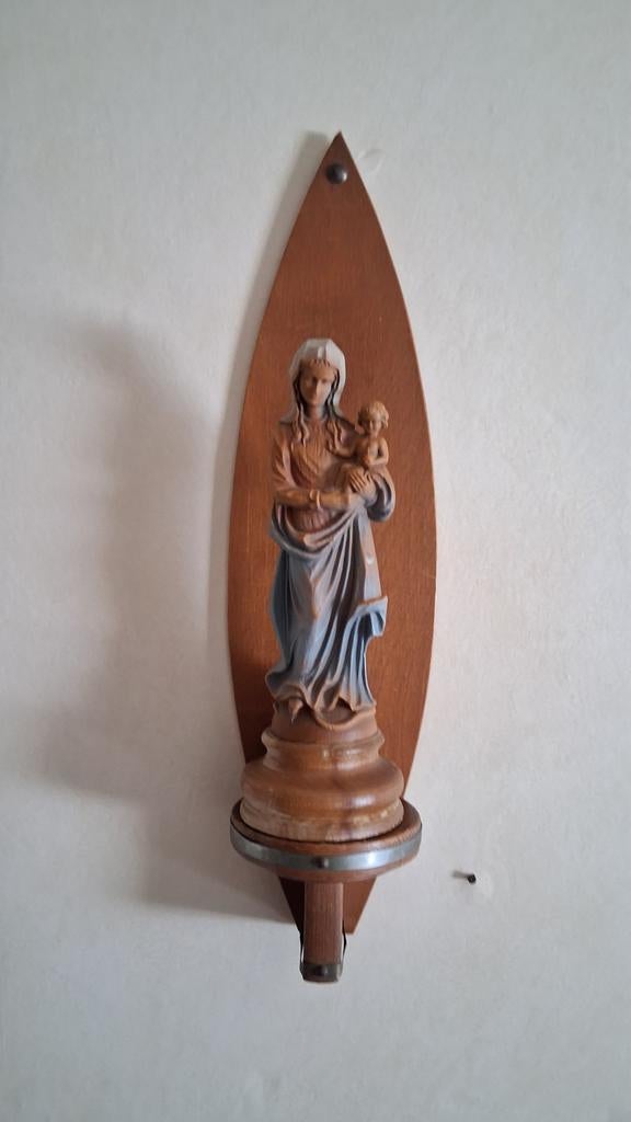 Vintage Maria met Kind Beeld op Houten Plank, Antiek en Kunst, Antiek | Religie, Ophalen