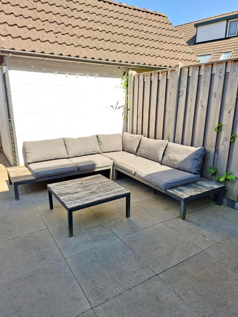 Comfortabele loungeset/tuinset hout + staal incl. kussens, Ophalen, Gebruikt, 6 zitplaatsen, Bank