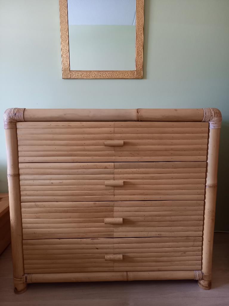 Vintage bamboe ladekast met rotan zjkanten - 90 cm, Huis en Inrichting, Ophalen, Overige materialen, Bohemian stijl, 50 tot 100 cm