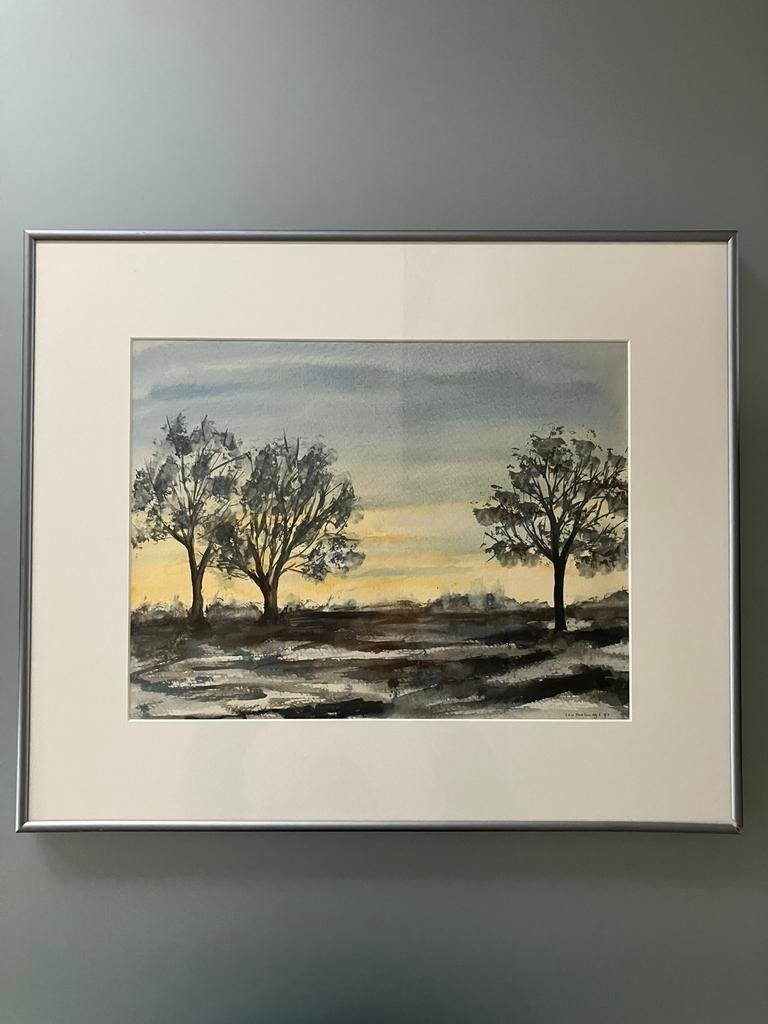 Aquarel polderlandschap door Len Molendijk 1991, Minder dan 50 cm, Gebruikt, Ophalen of Verzenden, Schilderij