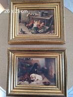 Set van 2 ingelijste afbeeldingen, kippen en honden, Antiek en Kunst, Ophalen of Verzenden
