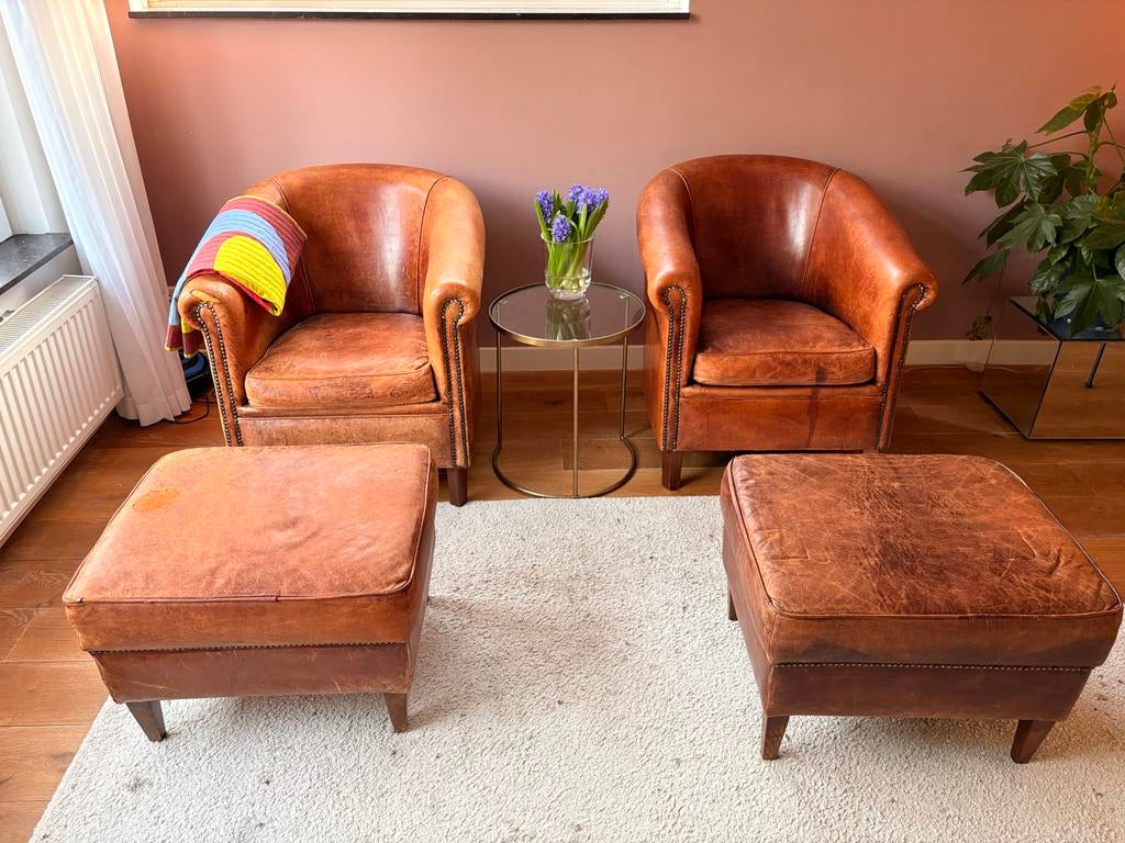 Set van 2 schapenleren fauteuils met 2 bijpassende hockers, Ophalen, Gebruikt, Leer, 75 tot 100 cm