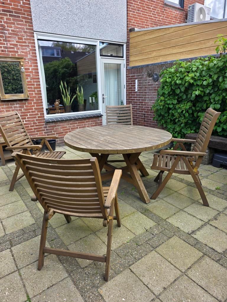 Teak houten tuintafel met 4 teak verstelbare stoelen, Ophalen, 4 zitplaatsen, Gebruikt, Teakhout