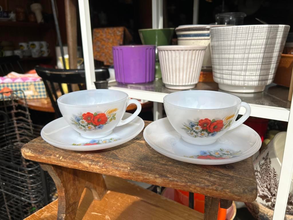 Arcopal Fleur de Champetre Kop en Schotel Vintage Opaalglas, Antiek en Kunst, Antiek | Servies los, Ophalen of Verzenden
