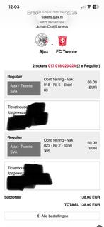 2 tickets AJAX - TWENTE zat 4 apr 21:00 uur €60 per stuk, Tickets en Kaartjes, Losse kaart, Twee personen, April