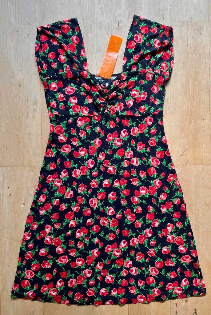 King Louie jurk met prachtig bloemen design zwart / rood L, Maat 42/44 (L), Ophalen of Verzenden, Zo goed als nieuw, Knielengte