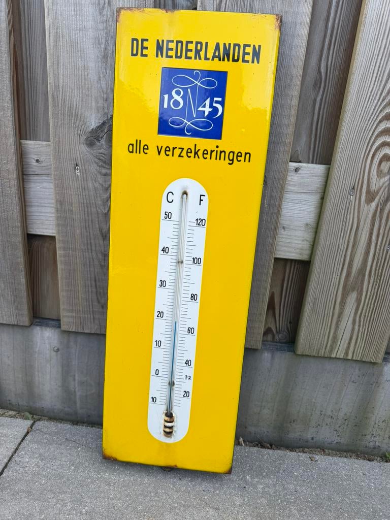 De Nederlanden Verzekeringen emaille thermometer, Verzamelen, Merken en Reclamevoorwerpen, Reclamebord, Gebruikt, I, Ophalen of Verzenden