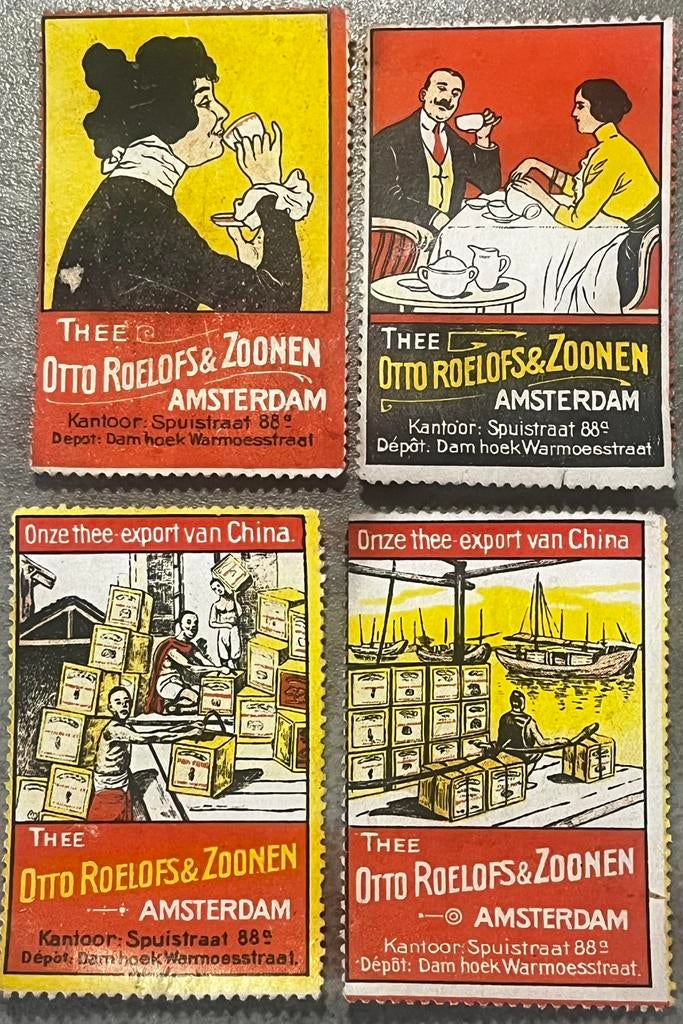 4 sluitzegels thee Otto Roelofs  & Zoonen Amsterdam, Verzamelen, Merken en Reclamevoorwerpen, Ophalen of Verzenden, Gebruikt, Overige typen