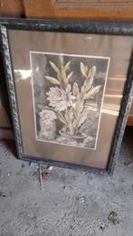 Oude prent met bloemen in lijst, Ophalen of Verzenden