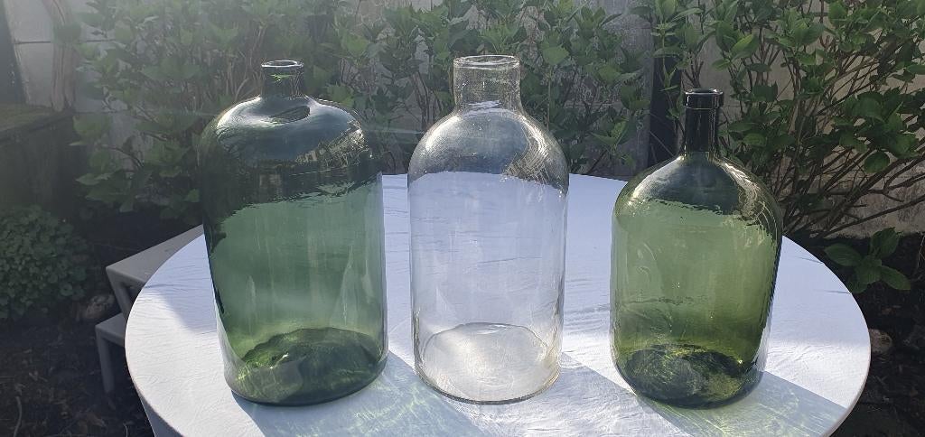 3 grote oude glazen flessen / dame-jeannes – rechte vorm, Antiek en Kunst, Antiek | Glas en Kristal, Ophalen