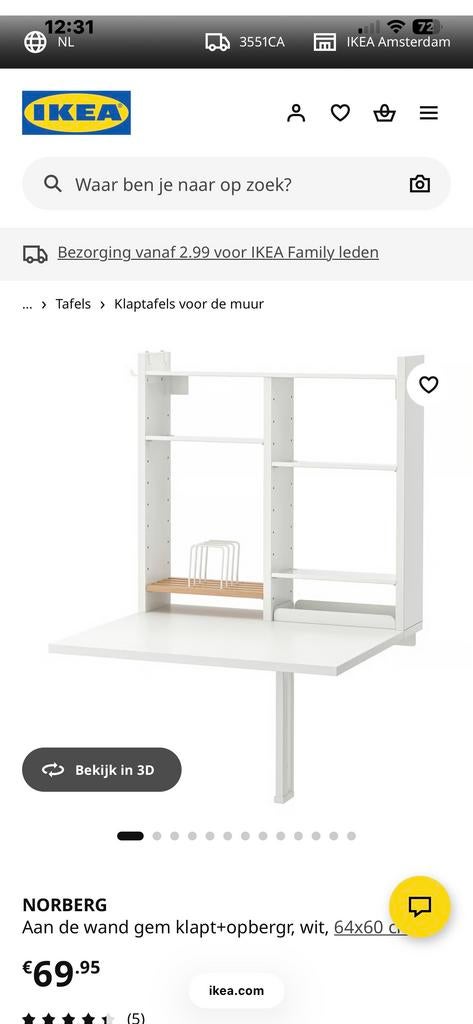 IKEA NORBERG Hangtafel / Klaptafel met opbergruimte, Ophalen, Gebruikt, Tot twee personen, 50 tot 100 cm