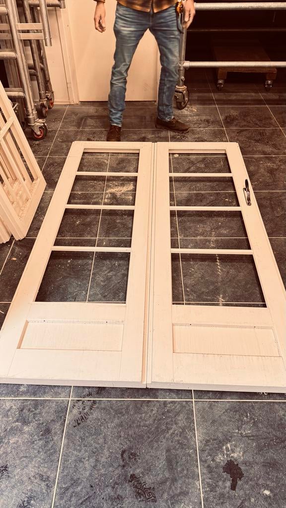 Dubbele Meranti hardhouten deuren 136,6x211cm met glas, Ophalen, 120 cm of meer, Nieuw, Buitendeur