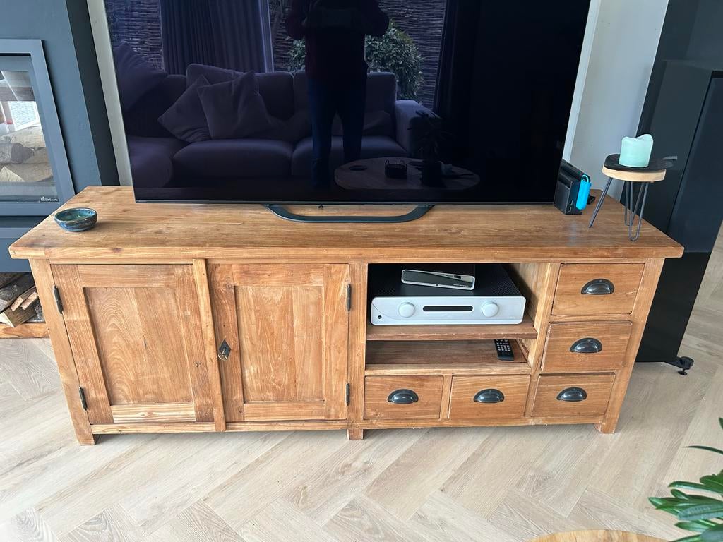 Teakhouten TV-meubel met Lades en Kastjes, Huis en Inrichting, Kasten | Televisiemeubels, Ophalen, 150 tot 200 cm, Teakhout, Zo goed als nieuw