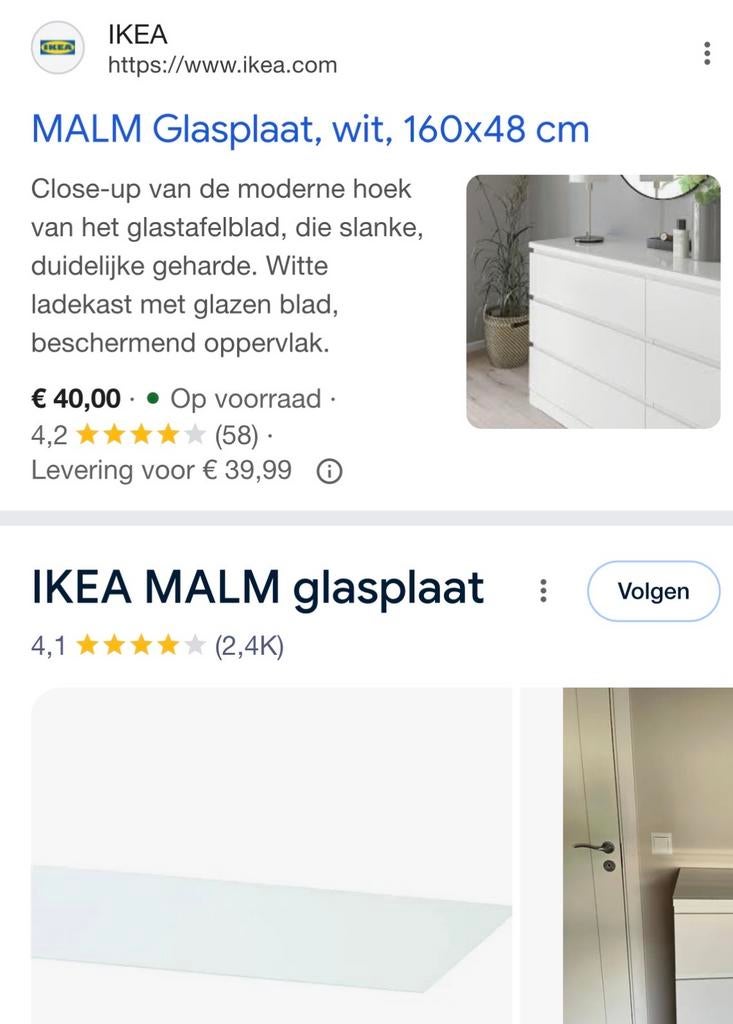 IKEA MALM Glasplaat wit 160x48 cm, Ophalen, Gebruikt