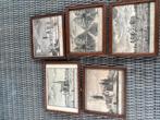 5 st oude prenten in lijst, Antiek en Kunst, Ophalen of Verzenden