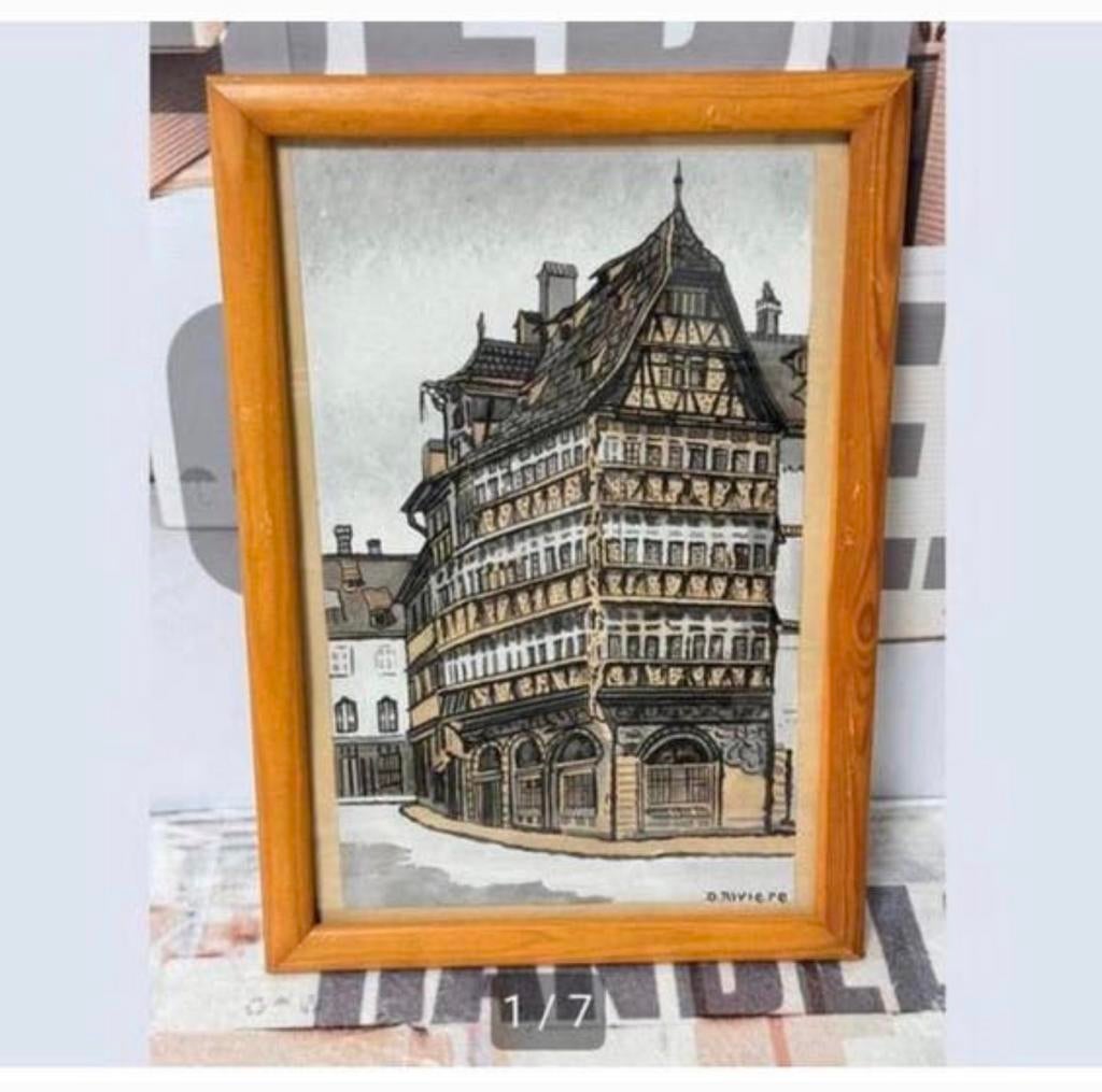 1960 schilderij kunst D. Riviere Maison Kammerzell Frankrijk, Ophalen of Verzenden